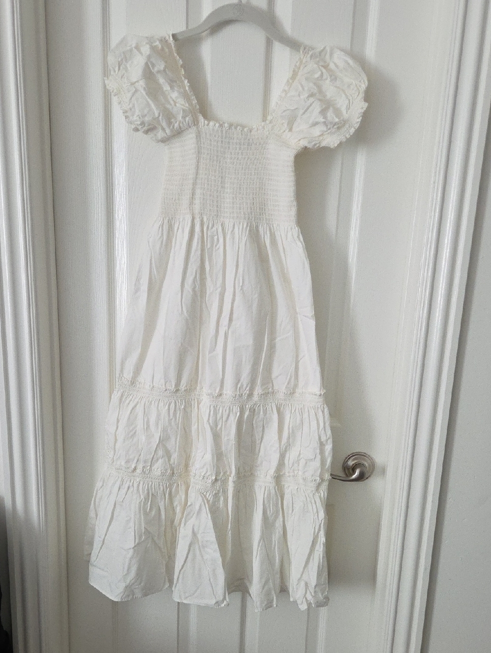 OPT Cream Puff-Sleeve Smocked Tiered Dress In Cotton Poplin. Size S.